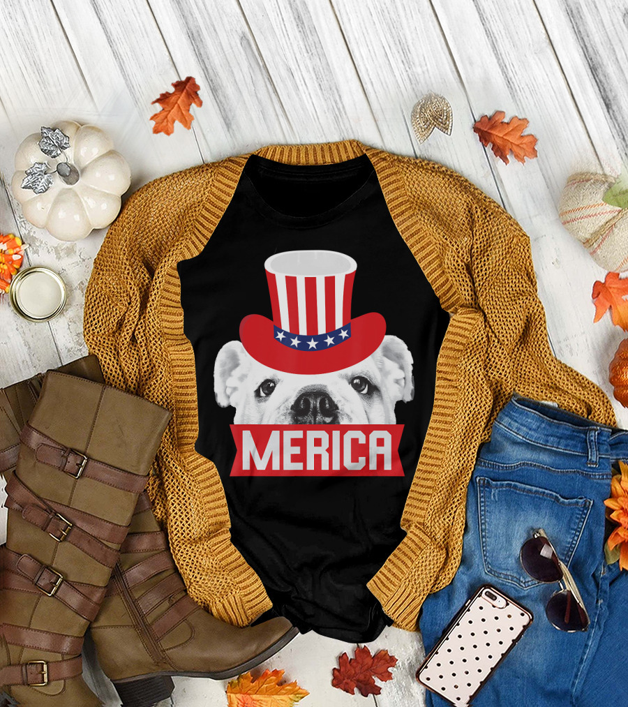 Merica English Bulldog Patriotic Top Hat Fourth of July T-Shirt