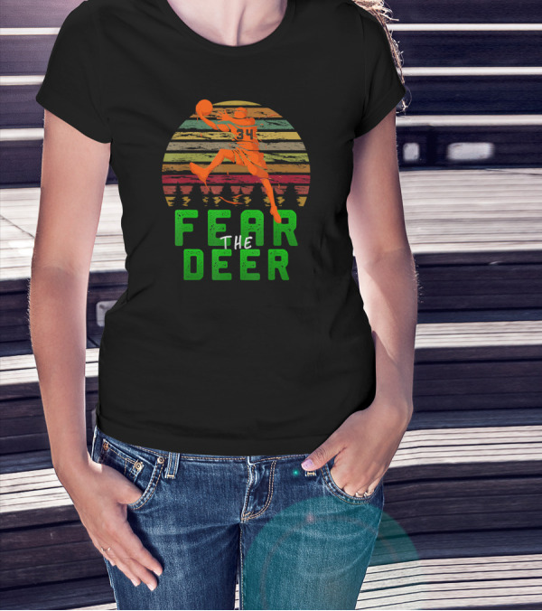 Fear The Deer 34 Milwaukee Basketball Retro Sunset Forest Jumper T-Shirt