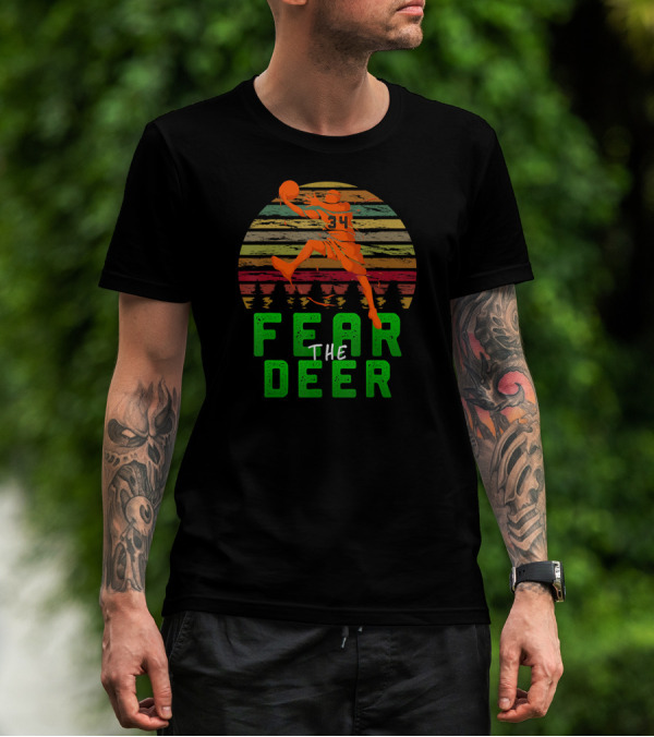 Fear The Deer 34 Milwaukee Basketball Retro Sunset Forest Jumper T-Shirt