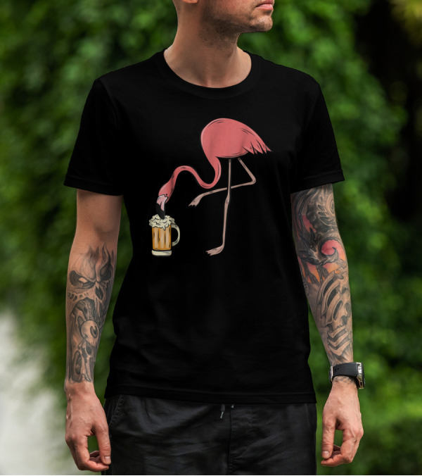 Funny Pink Flamingo Drinking Beer Illustrative Humor T-Shirt