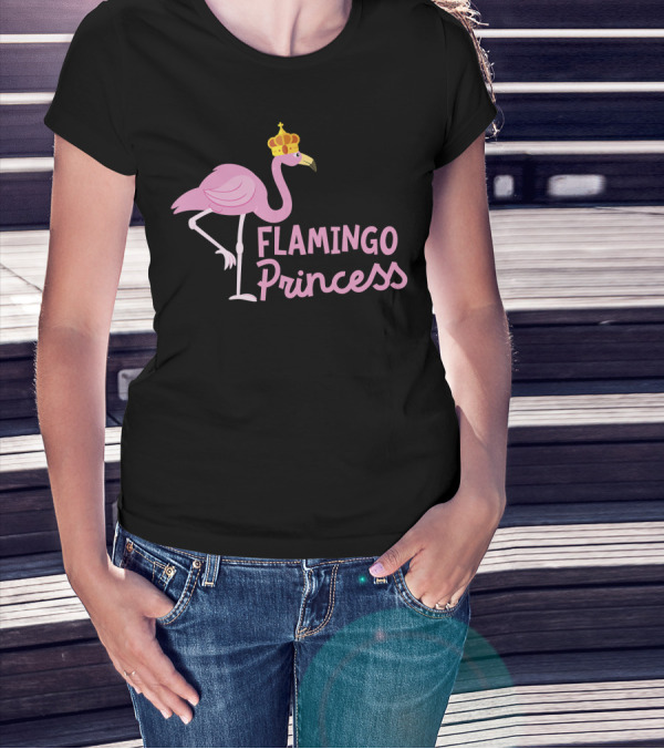 Flamingo Princess With Crown And Pink Bird Wading T-Shirt