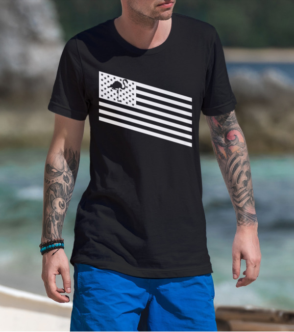 Flamingo Stars And Stripes USA Flag Wading T-Shirt