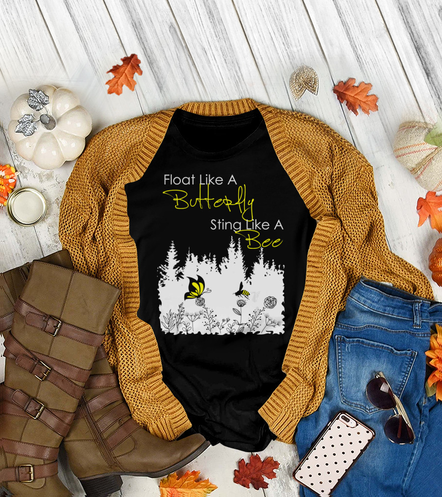 Float Like A Butterfly Sting Like A Bee Forest Nature Scene with Yellow Butterfly and Bee T-Shirt