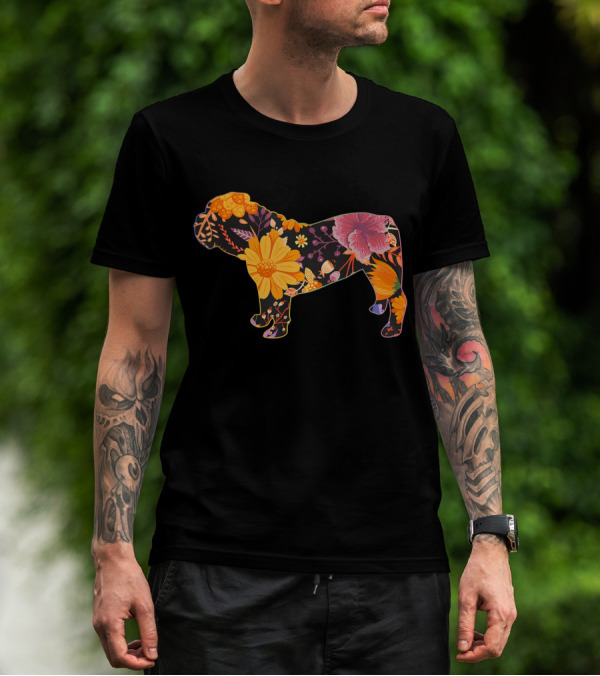 Floral Flower Vintage Bulldog Silhouette With Colorful Botanical T-Shirt