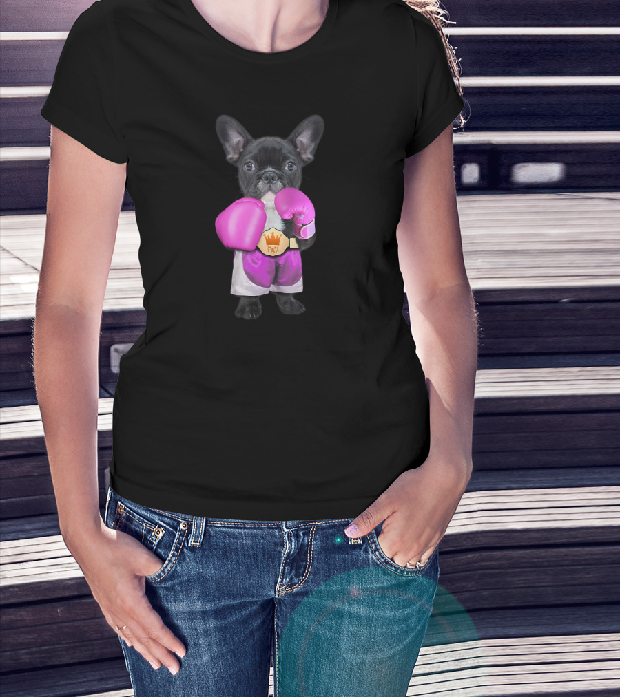 French Bulldog Wearing Boxing Gloves Champion Belt T-Shirt