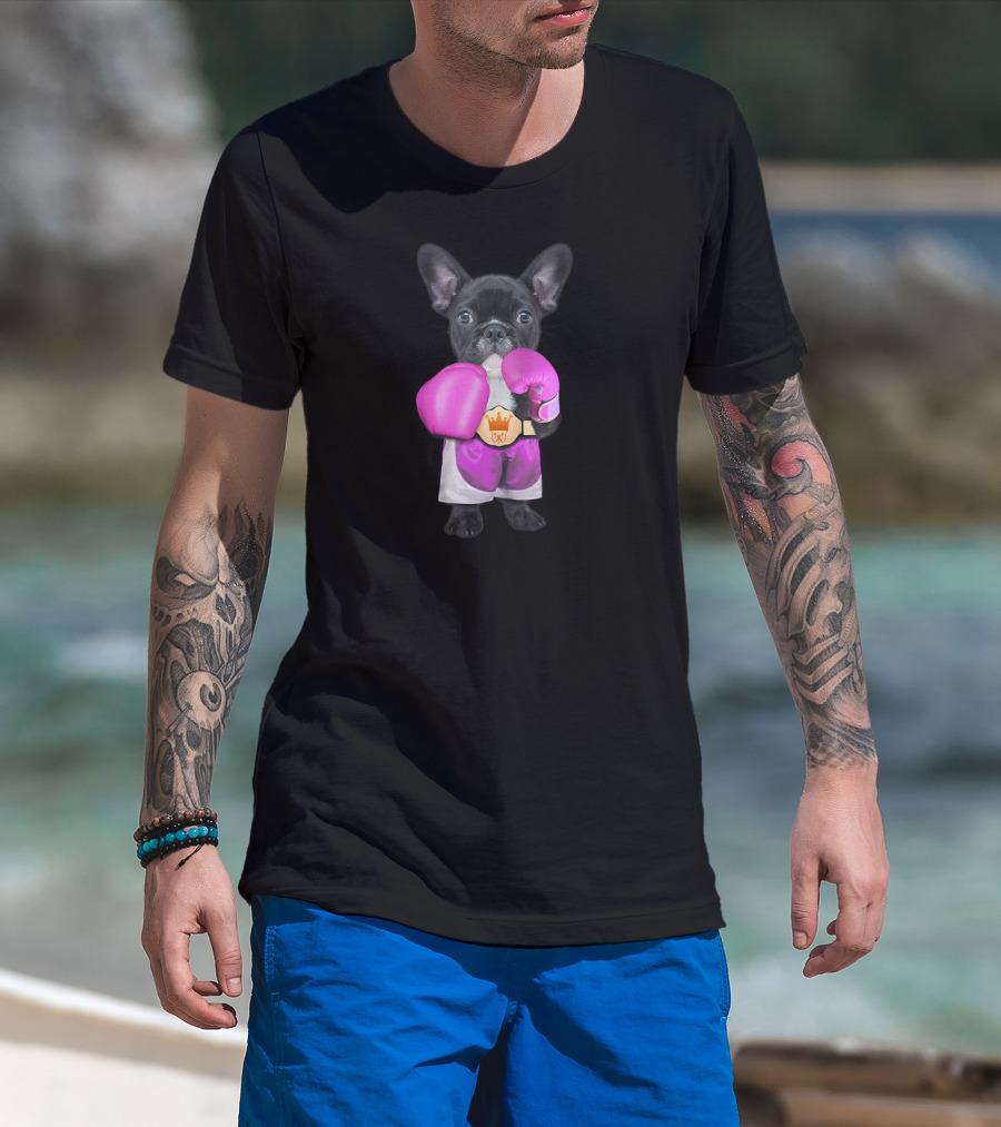 French Bulldog Wearing Boxing Gloves Champion Belt T-Shirt