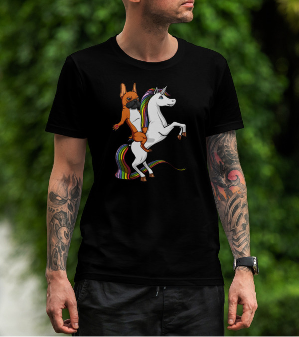 French Bulldog Riding Rainbow Unicorn Funny Dog T-Shirt