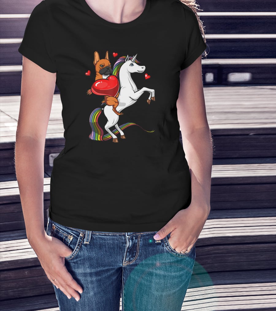 French Bulldog With Heart On Rainbow Unicorn Valentine's T-Shirt
