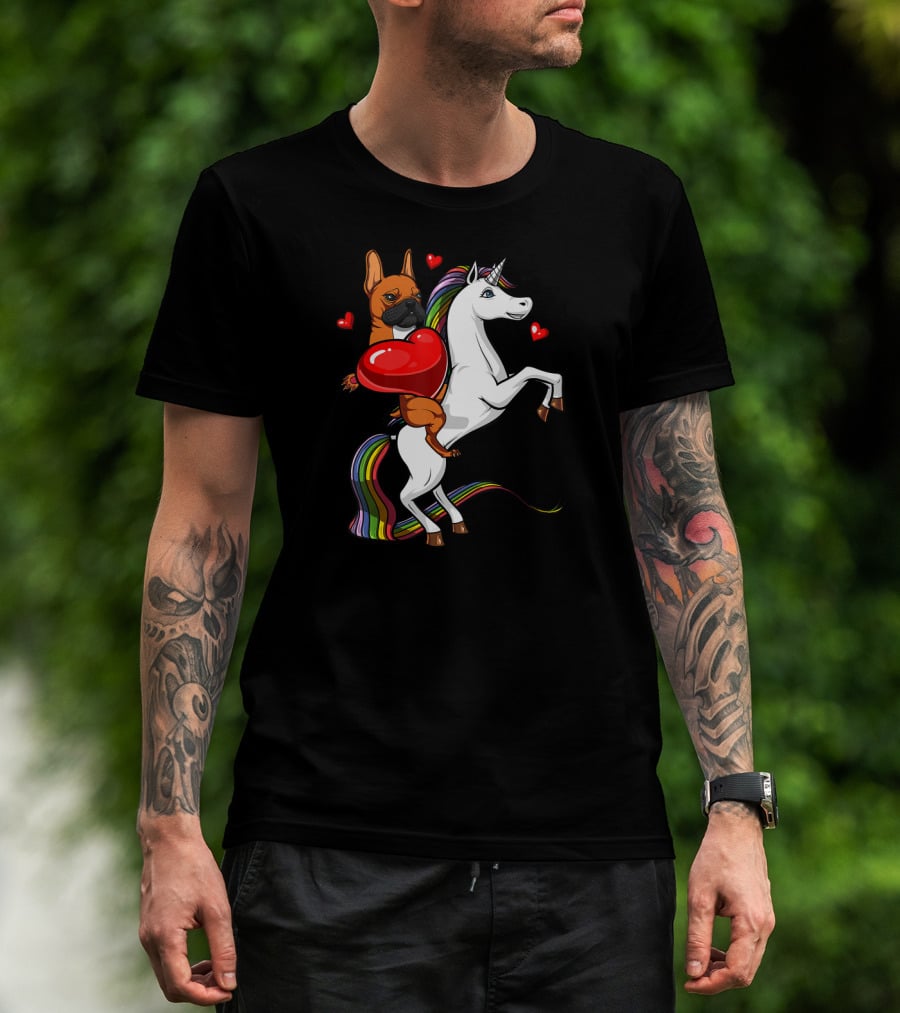 French Bulldog With Heart On Rainbow Unicorn Valentine's T-Shirt