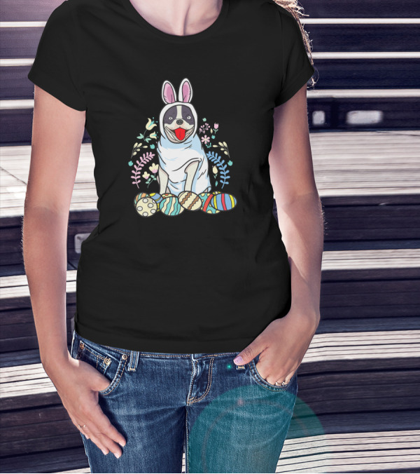 French Bulldog Bunny Ears Easter Eggs Floral Co T-Shirt