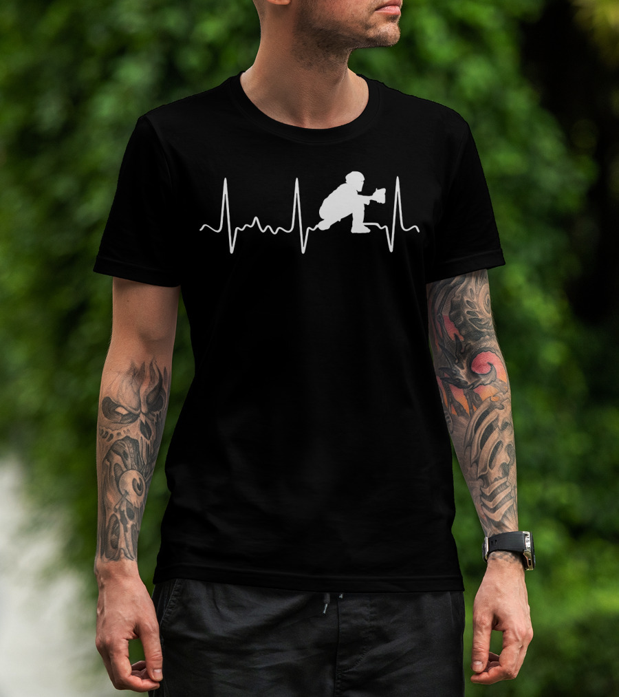 Baseball Catcher Silhouette Heartbeat Line T-Shirt