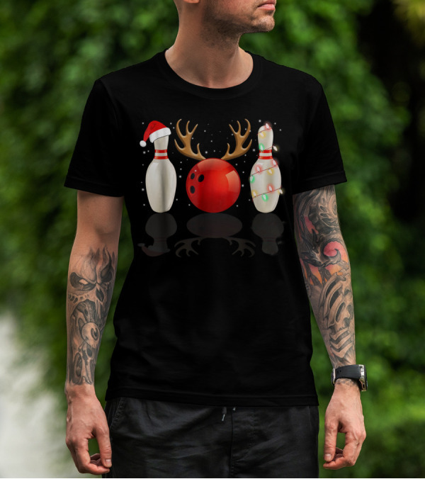 Reindeer Antlers Bowling Ball Santa Hat Christmas Lights Bowling Pins Funny Holiday Bowling T-Shirt