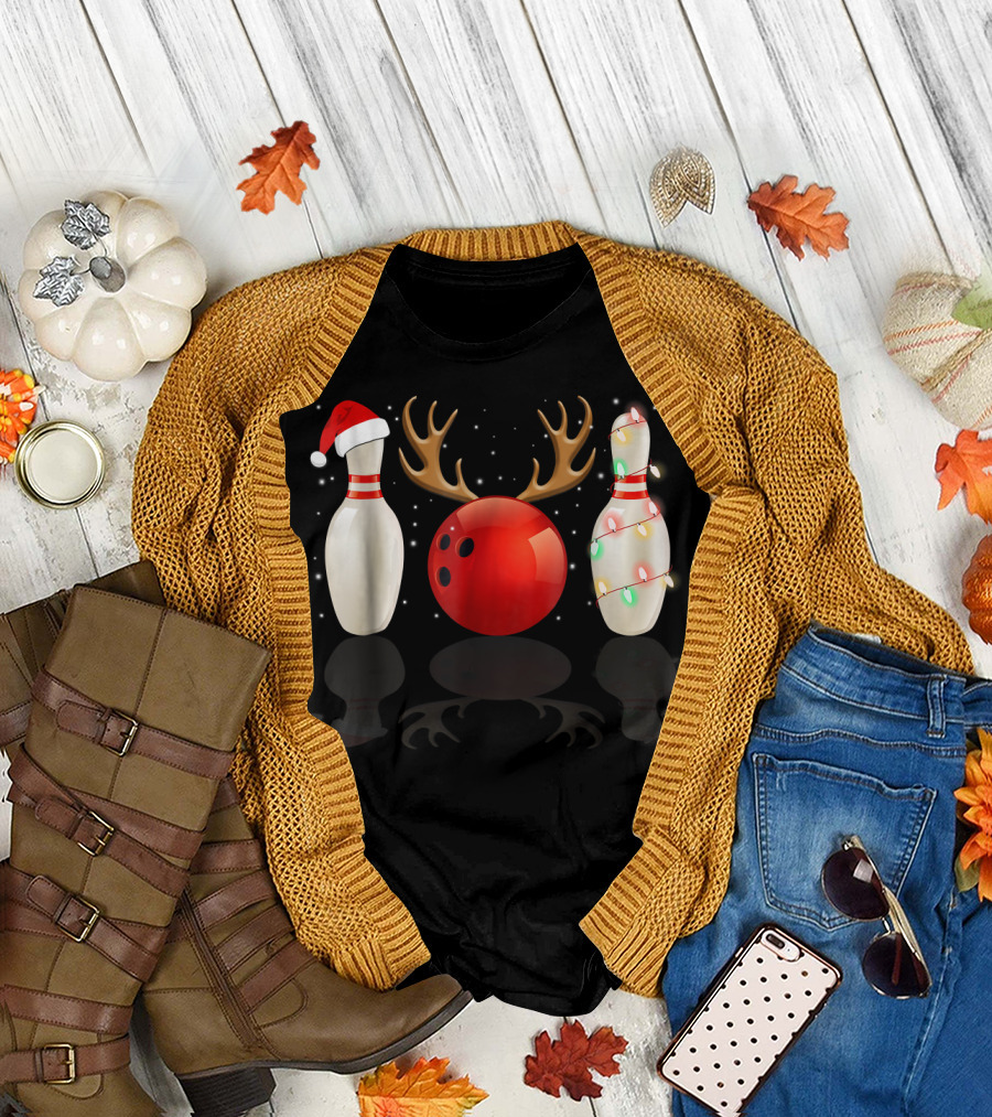 Reindeer Antlers Bowling Ball Santa Hat Christmas Lights Bowling Pins Funny Holiday Bowling T-Shirt
