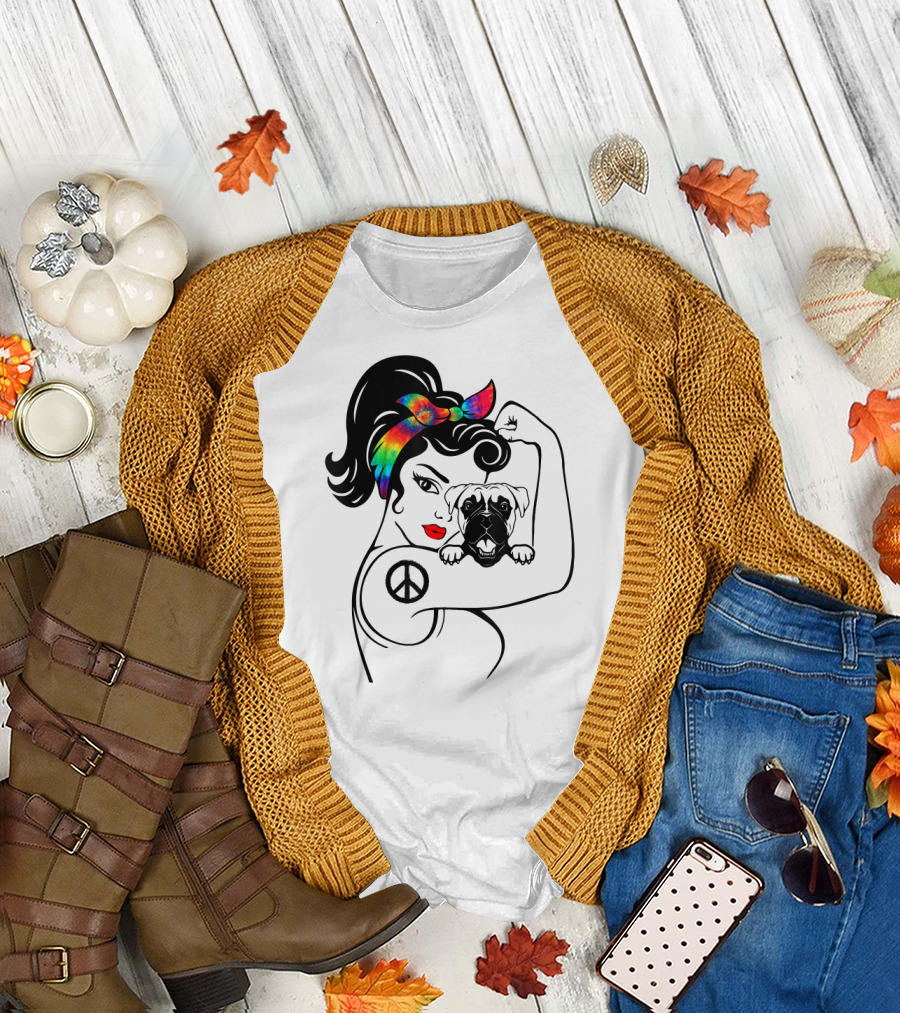 Peace Symbol Hippie Boxer Mom and Dog Lovers Retro T-Shirt