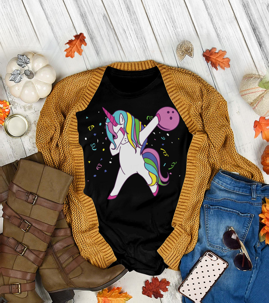 Funny Dabbing Unicorn with Colorful Bowling Ball and Confetti T-Shirt