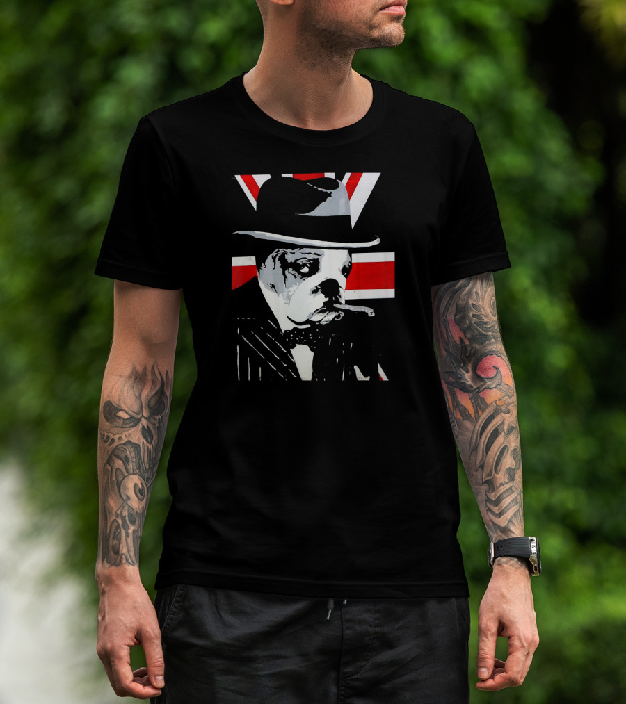 Funny English Bulldog Smoking Cigar Wearing Hat With Union Jack Background T-Shirt