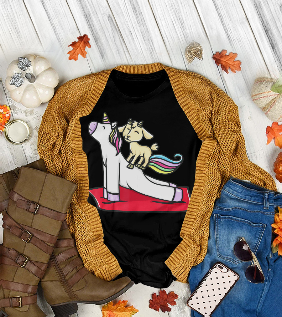 Goat Balancing on Yoga Unicorn Rainbow Mane T-Shirt
