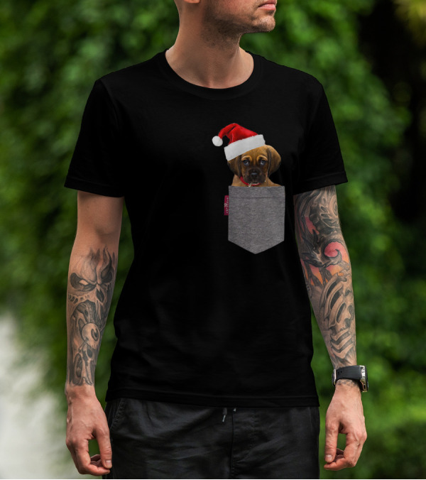 Funny Puggle In A Santa Hat Cute Beagle Pug In A Pocket T-Shirt
