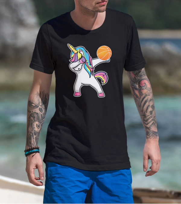 Unicorn Dabbing Basketball Player With Colorful Mane T-Shirt