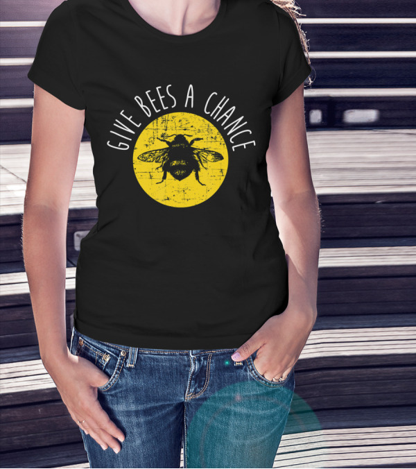 Give Bees A Chance Funny Cute Vegan Yellow Circle Bee T-Shirt