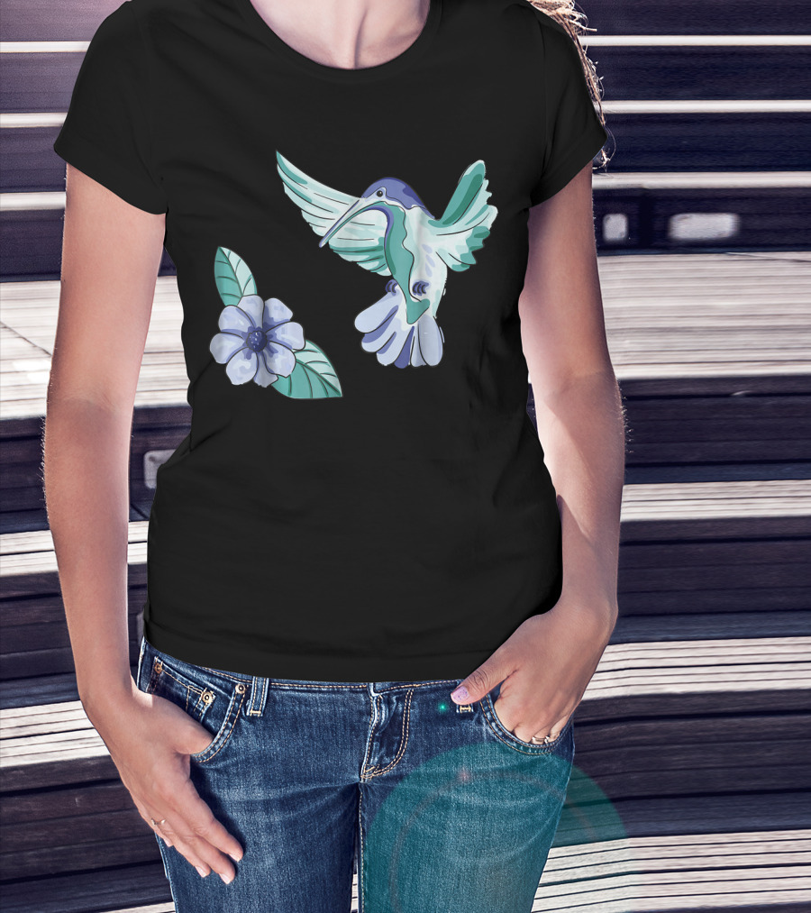 Green And Blue Hummingbird With White And Blue Flower T-Shirt