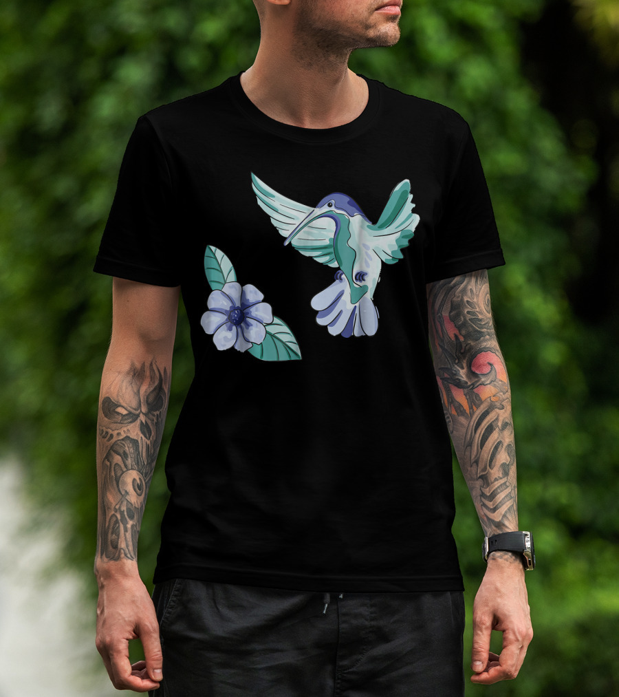 Green And Blue Hummingbird With White And Blue Flower T-Shirt
