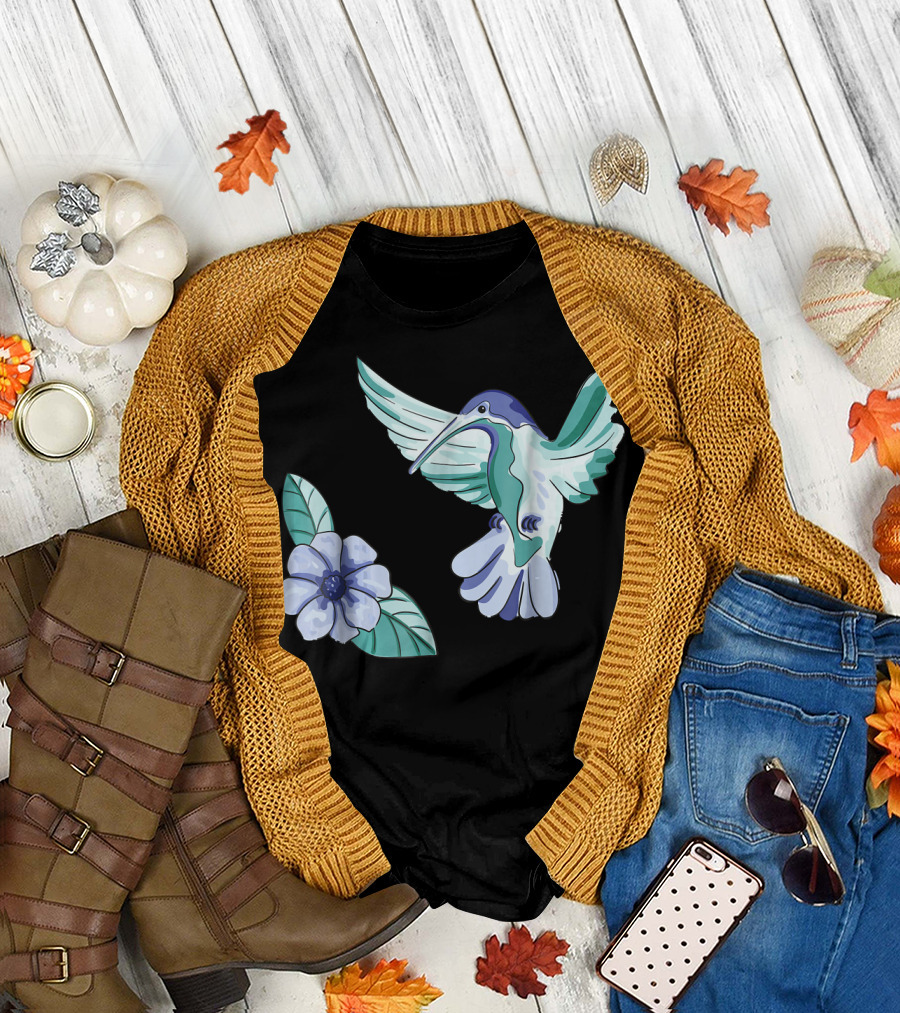 Green and Blue Hummingbird with White and Blue Flower T-Shirt