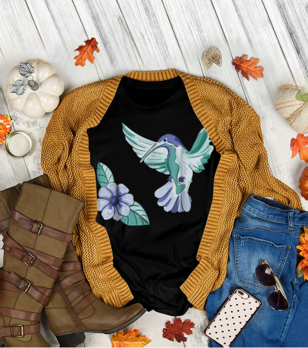 Green And Blue Hummingbird With White And Blue Flower T-Shirt
