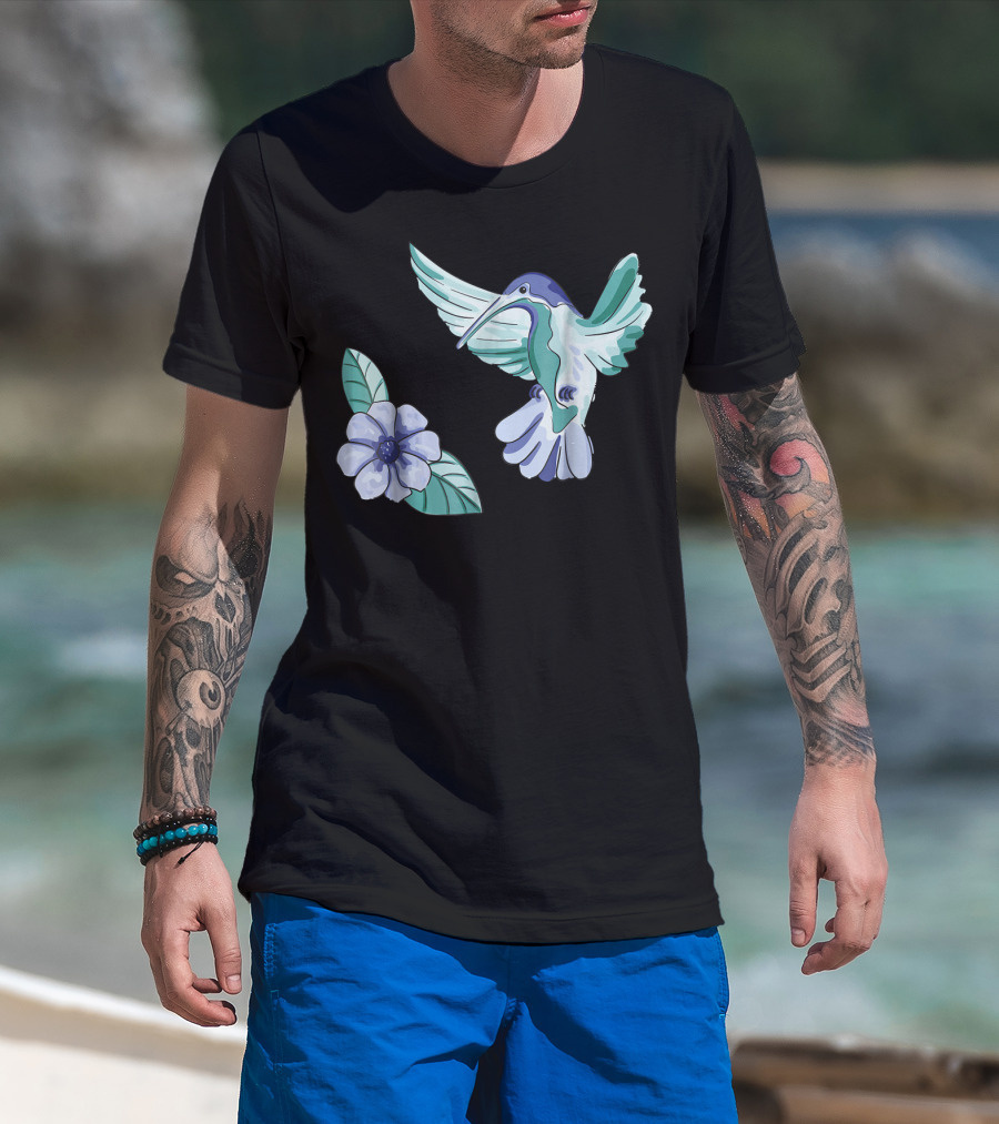 Green And Blue Hummingbird With White And Blue Flower T-Shirt