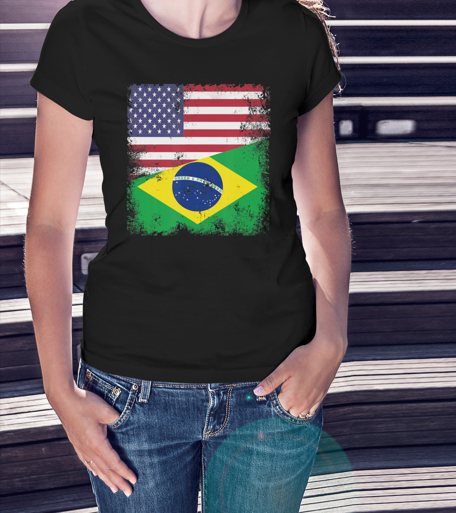 Vintage Half Brazilian Half American Flag Brazil U T-Shirt