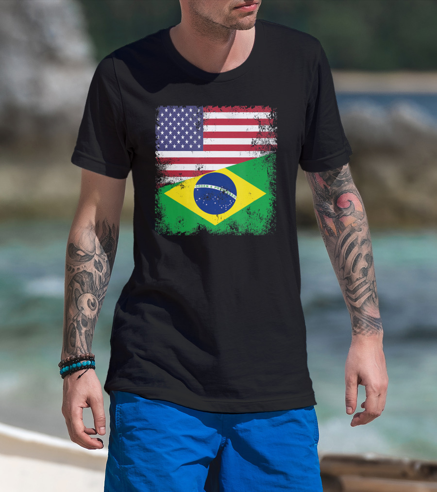 Vintage Half Brazilian Half American Flag Brazil U T-Shirt