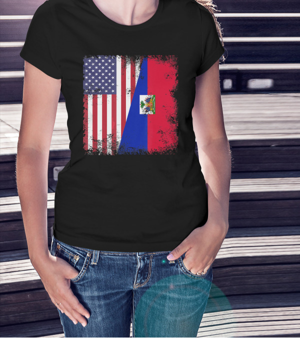 Half Haitian Flag Vintage Haiti U USA Grunge Style Flag Fusion T-Shirt