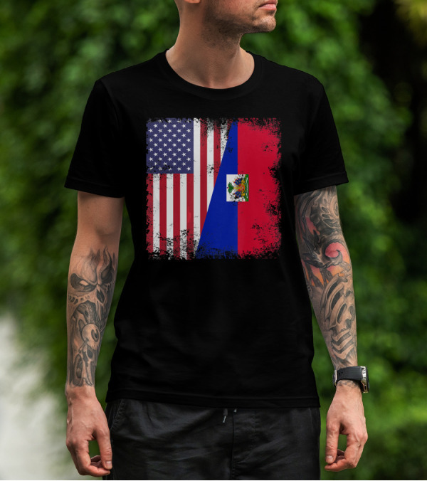 Half Haitian Flag Vintage Haiti U USA Grunge Style Flag Fusion T-Shirt