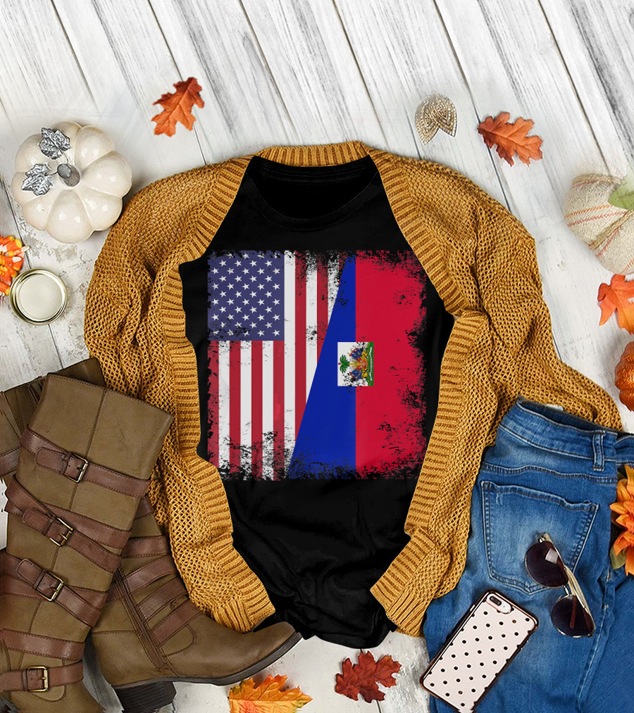 Half Haitian Flag Vintage Haiti U USA Grunge Style Flag Fusion T-Shirt