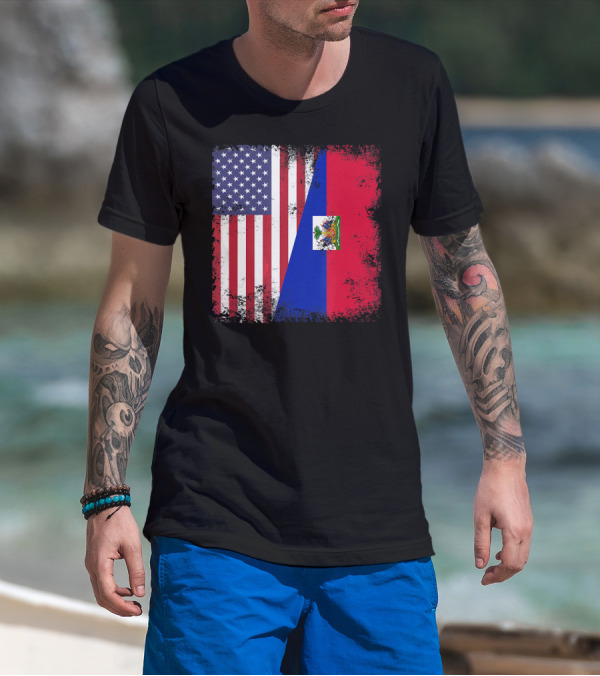 Half Haitian Flag Vintage Haiti U USA Grunge Style Flag Fusion T-Shirt