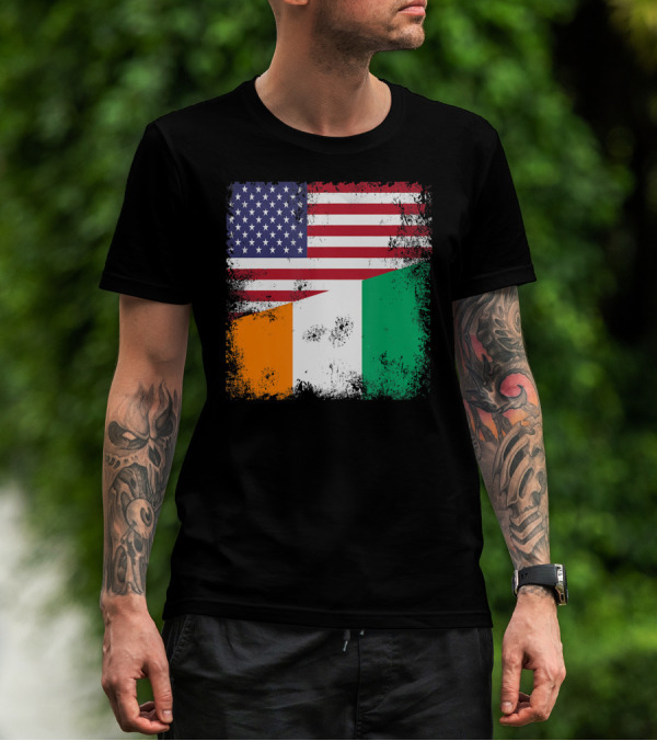 Half Ivorian Flag Vintage Cote D'I With Distressed USA Flag T-Shirt