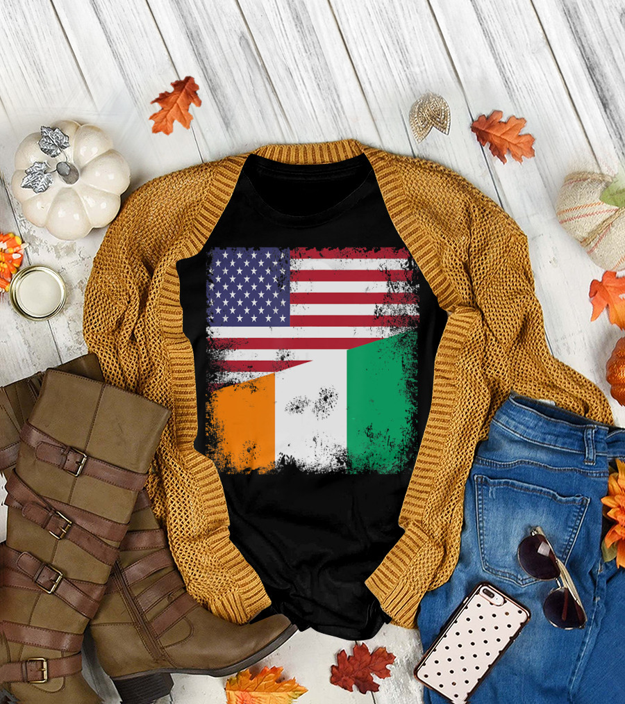 Half Ivorian Flag Vintage Cote d'I with Distressed USA Flag T-Shirt