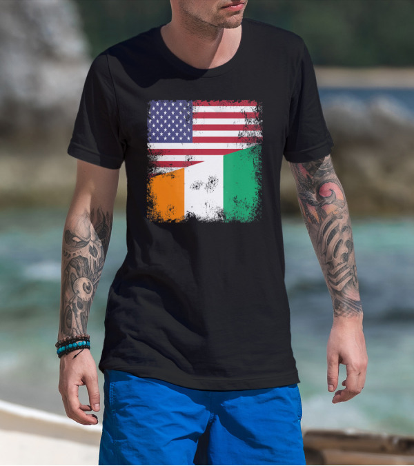 Half Ivorian Flag Vintage Cote D'I With Distressed USA Flag T-Shirt