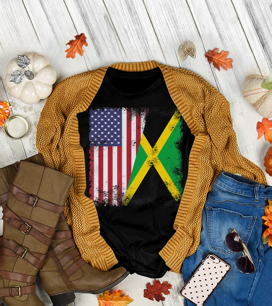 Half Jamaican Flag Vintage Jamaica U.S.A. Flag Overlay T-Shirt
