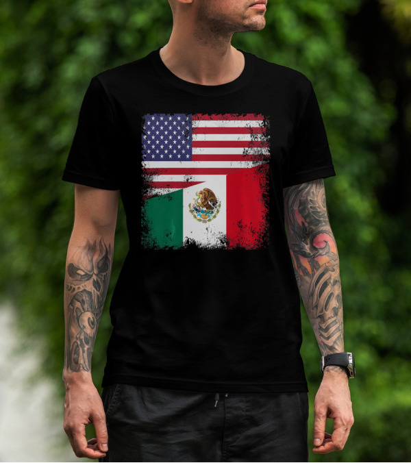 Half Mexican Flag Vintage Mexico U.S. American Flag Dual Heritage T-Shirt