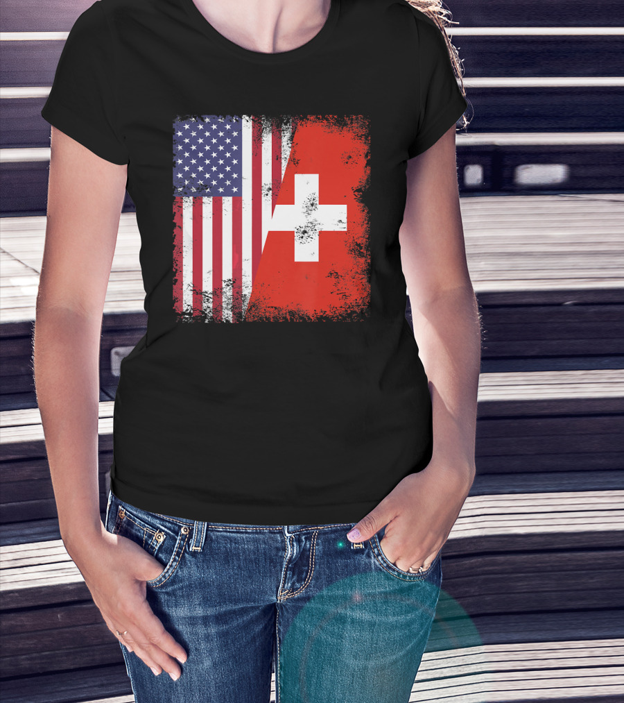 Half Swiss Flag Vintage American Swiss Flag T-Shirt