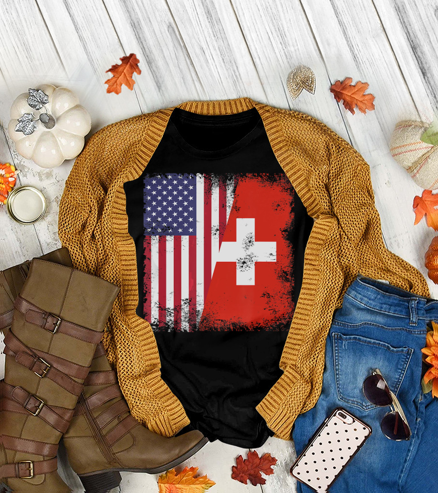 Half Swiss Flag Vintage American Swiss Flag T-Shirt