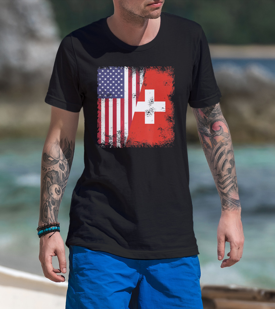 Half Swiss Flag Vintage American Swiss Flag T-Shirt