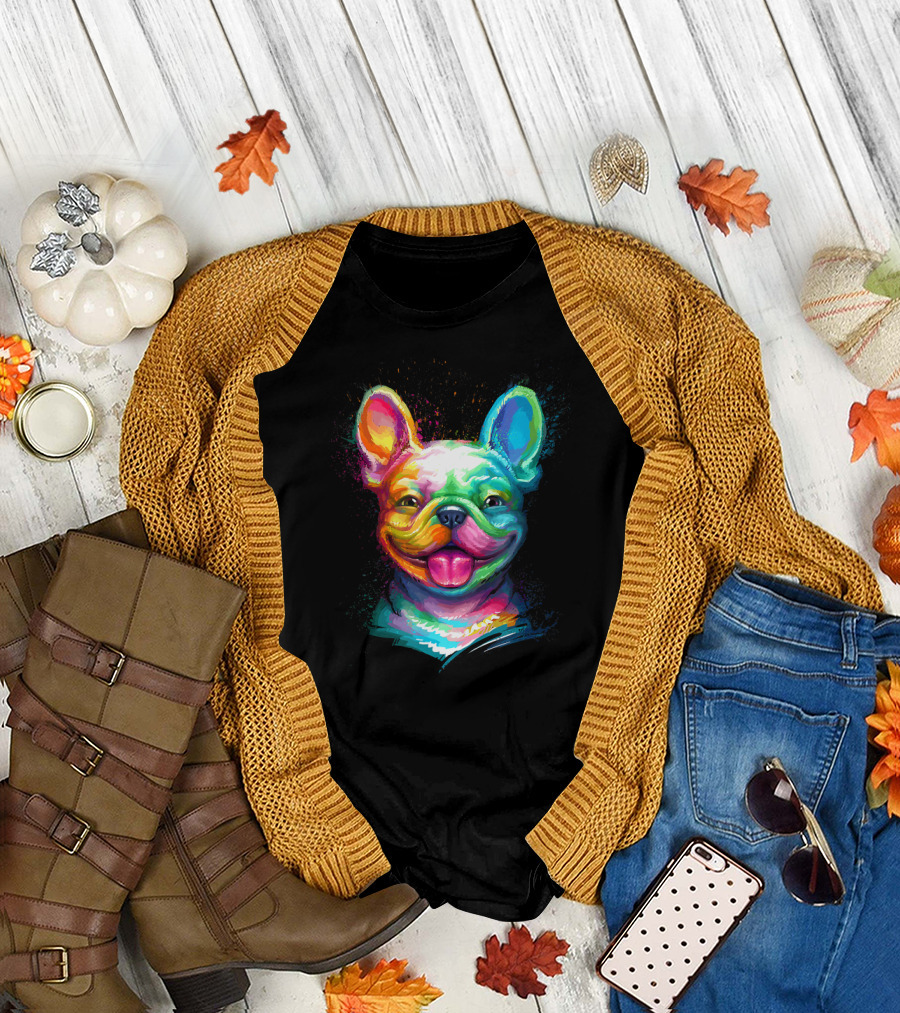 Colorful Happy French Bulldog Smiling Face T-Shirt