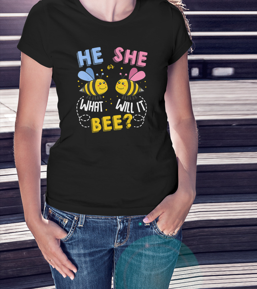 He She Or What Will It Bee Baby Party Gender Reveal Bees Blue And Pink T-Shirt