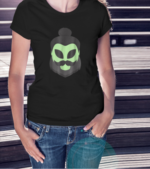 Hipster Alien Head Man Bun Beard Green Mask T-Shirt