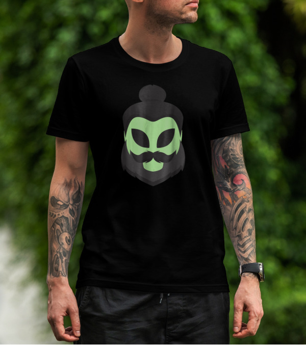 Hipster Alien Head Man Bun Beard Green Mask T-Shirt