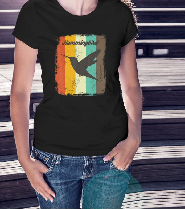 70s Vintage Hummingbird Silhouette Retro Stripes T-Shirt
