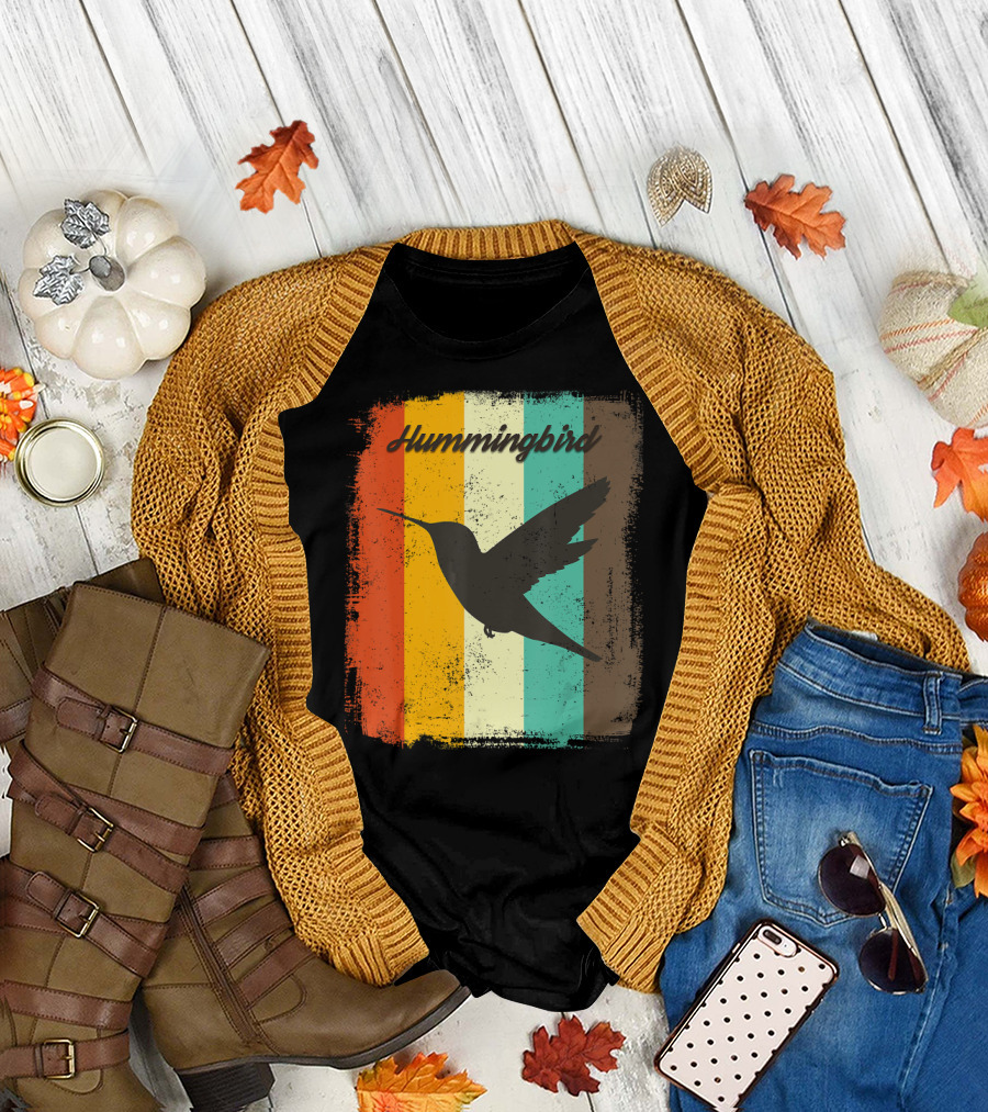 70s Vintage Hummingbird Silhouette Retro Stripes T-Shirt