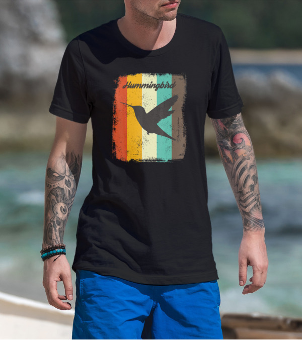 70s Vintage Hummingbird Silhouette Retro Stripes T-Shirt